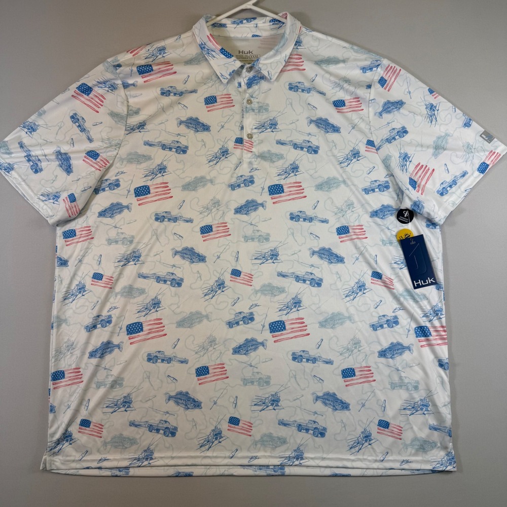 Huk Pursuit Polo Mens 3XL XXXL White Fish and Flag Performance Fishing Shirt NEW